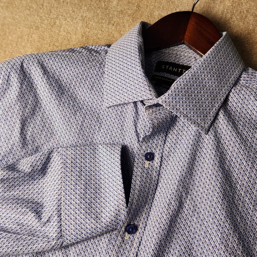 Stantt Dress Shirt Men Cooper Blue White Geometric Performance ExcelentStretch t